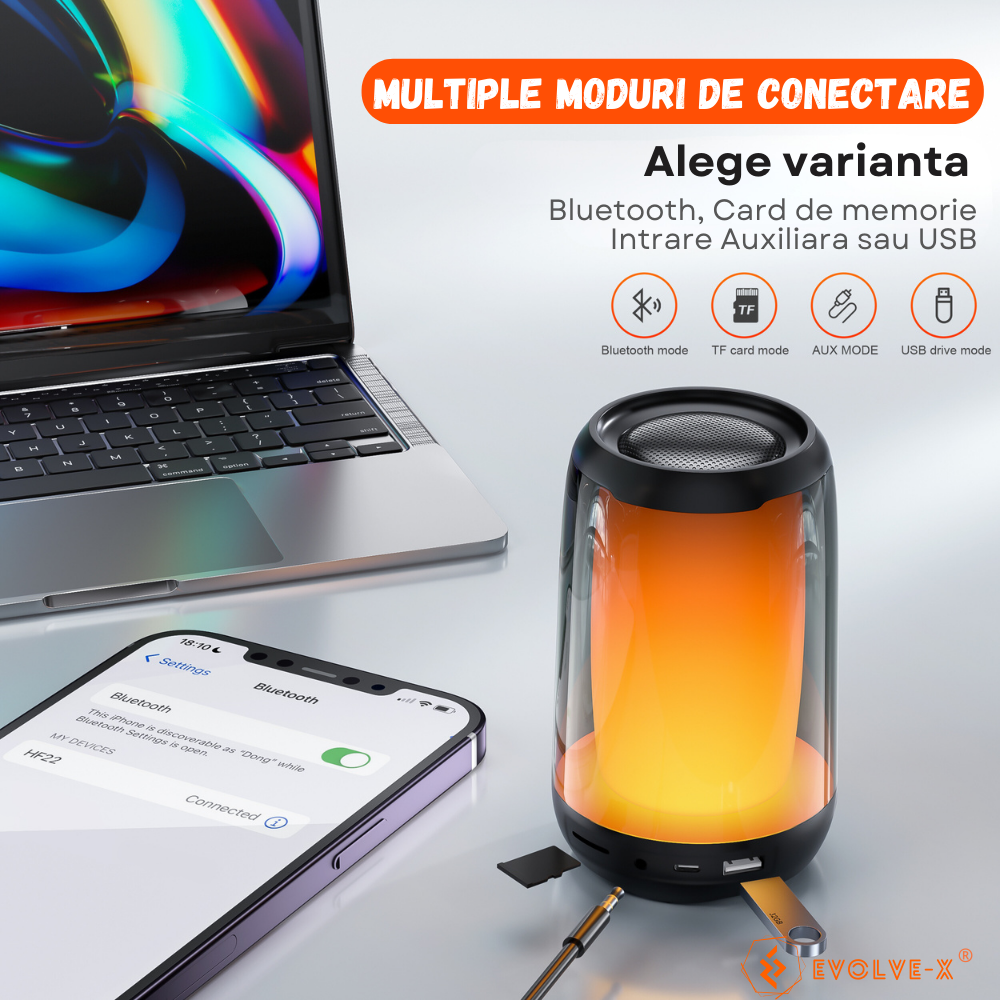 Boxa portabila Evolve-x® QERE Pulse, Lumini RGB 360°si efect de flacara, Bluetooth 5.3, Rezistenta la apa IPX5, Slot USB si card MicroSD, acumulator 3600 mAh, Negru [6]