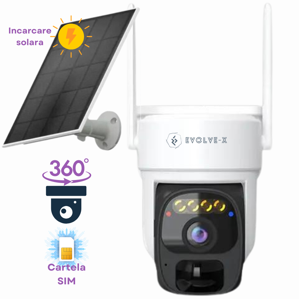 Camera Supraveghere video cu cartela SIM 4G Evolve-x®, Panou solar, acumulatori, 3MP, PTZ, Rotire 350 grade, Senzor miscare PIR, Detectia umana, Comunicare bidirectionala, Alarma, Aplicatie compatibil [1]