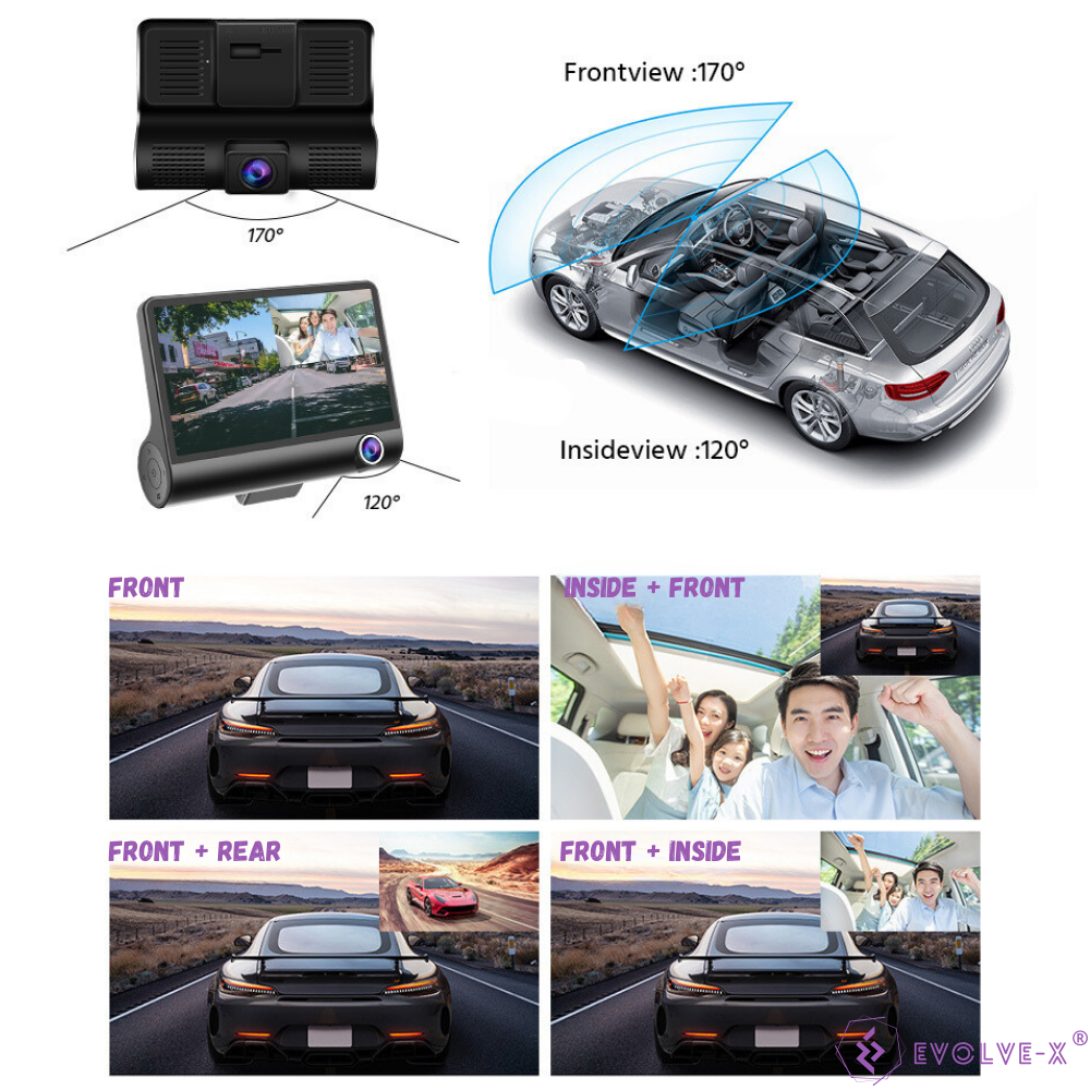 Camera tripla Auto DVR Evolve-x® 1080p, Display IPS 4 inch, Unghi de inregistrare170°, Senzor gravitational, Detectarea miscarii, Camera marsarier, Night Vision, Suporta card MicroSD pana la 64GB, Neg [6]