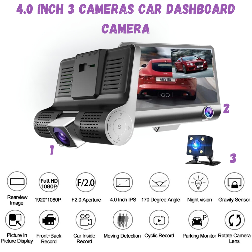 Camera tripla Auto DVR Evolve-x® 1080p, Display IPS 4 inch, Unghi de inregistrare170°, Senzor gravitational, Detectarea miscarii, Camera marsarier, Night Vision, Suporta card MicroSD pana la 64GB, Neg [7]
