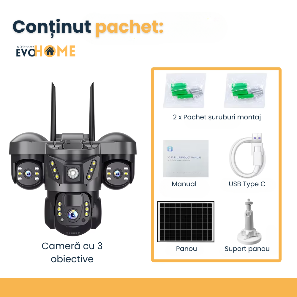 Camera video tripla cu cartela SIM 4G EvoHome®, Panou solar, acumulatori 8000 mAh, 6MP, PTZ, Rotire 350 grade, Senzor miscare PIR, Detectia umana, Comunicare bidirectionala, Alarma, Aplicatie compatib [15]