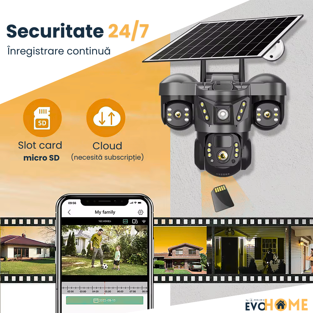 Camera video tripla cu cartela SIM 4G EvoHome®, Panou solar, acumulatori 8000 mAh, 6MP, PTZ, Rotire 350 grade, Senzor miscare PIR, Detectia umana, Comunicare bidirectionala, Alarma, Aplicatie compatib [9]