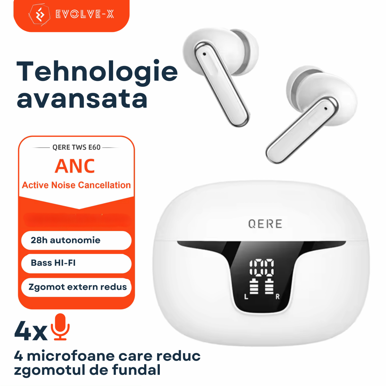Casti wireless bluetooth Evolve-x® QERE cu Anulare activa a zgomotului, fara fir, Control prin atingere, 4 Microfoane pentru apeluri, Carcasa magnetica, Incarcare rapida, Bluetooth 5.3, Casual sau Spo [2]