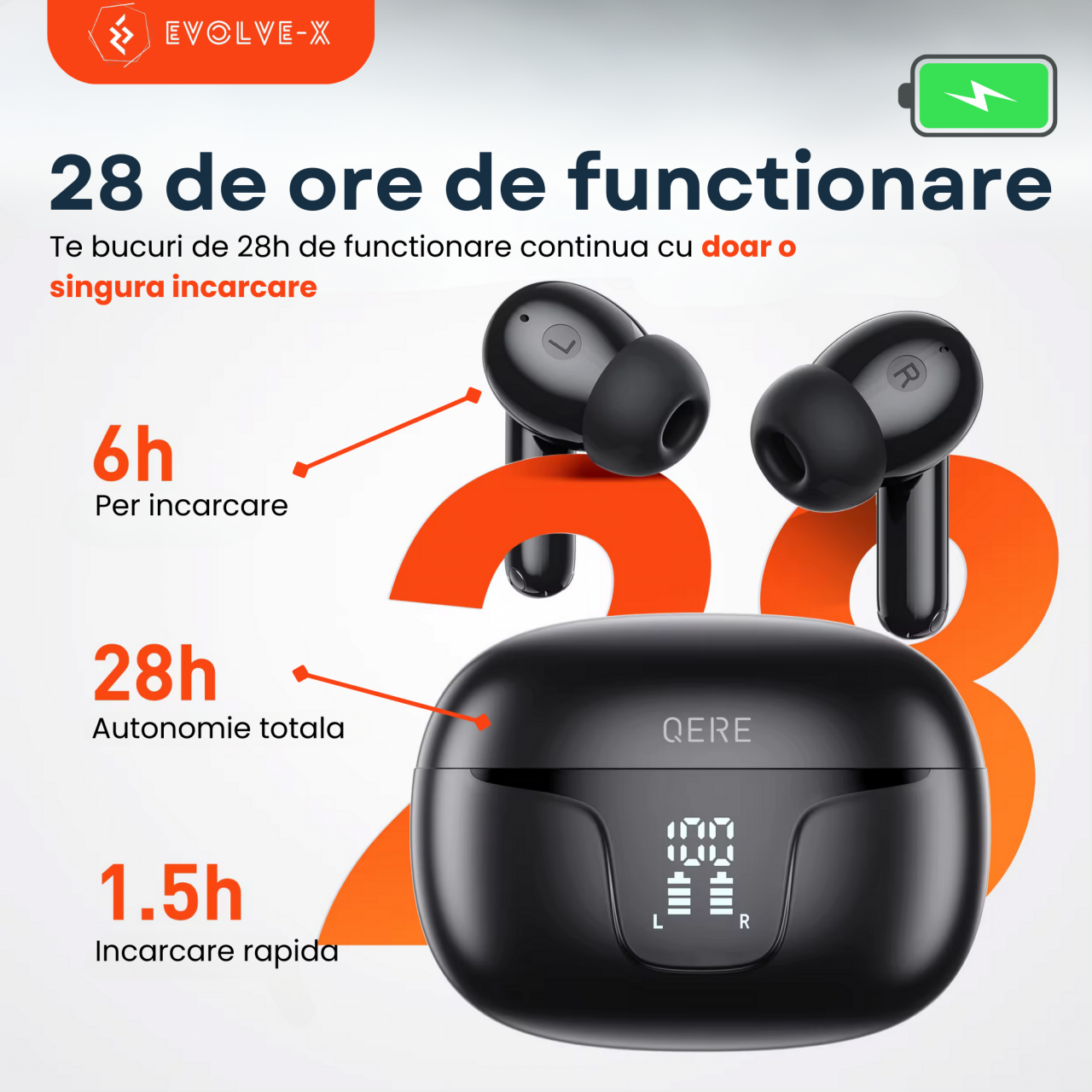 Casti wireless bluetooth Evolve-x® QERE cu Anulare activa a zgomotului, fara fir, Control prin atingere, 4 Microfoane pentru apeluri, Carcasa magnetica, Incarcare rapida, Bluetooth 5.3 [3]