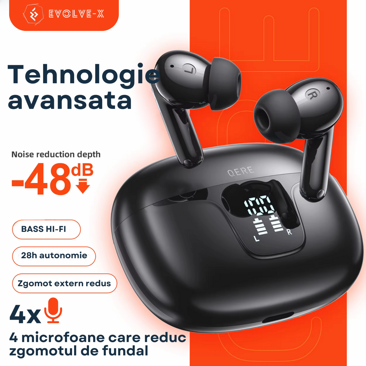 Casti wireless bluetooth Evolve-x® QERE cu Anulare activa a zgomotului, fara fir, Control prin atingere, 4 Microfoane pentru apeluri, Carcasa magnetica, Incarcare rapida, Bluetooth 5.3 [2]