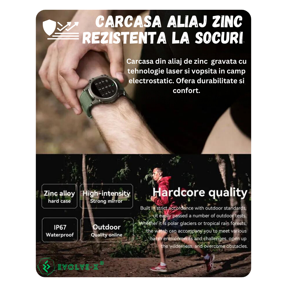 Ceas smartwatch barbati Evolve-x® EvoFitt Sport, ecran IPS 1.45 inch HD, Apeluri bluetooth HD, Notificari, Carcasa din aliaj zinc, Masurare activitate fitness, ritm cardiac, tensiune, oxigen, calorii [6]