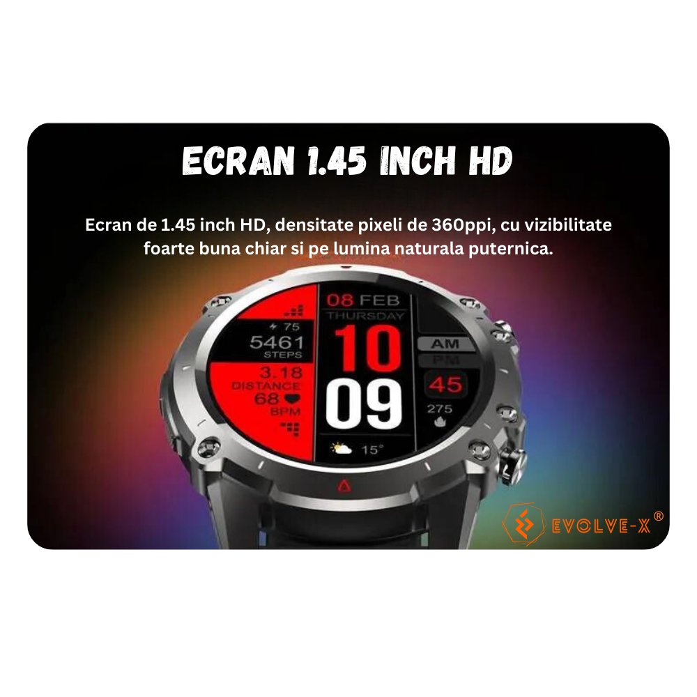 Ceas smartwatch barbati Evolve-x® EvoFitt Sport, ecran IPS 1.45 inch HD, Apeluri bluetooth HD, Notificari, Carcasa din aliaj zinc, Masurare activitate fitness, ritm cardiac, tensiune, oxigen, calorii [7]