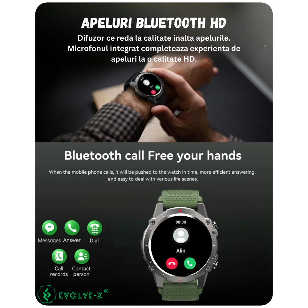 Ceas smartwatch barbati Evolve-x® EvoFitt Sport, ecran IPS 1.45 inch HD, Apeluri bluetooth HD, Notificari, Carcasa din aliaj zinc, Masurare activitate fitness, ritm cardiac, tensiune, oxigen, calorii [9]