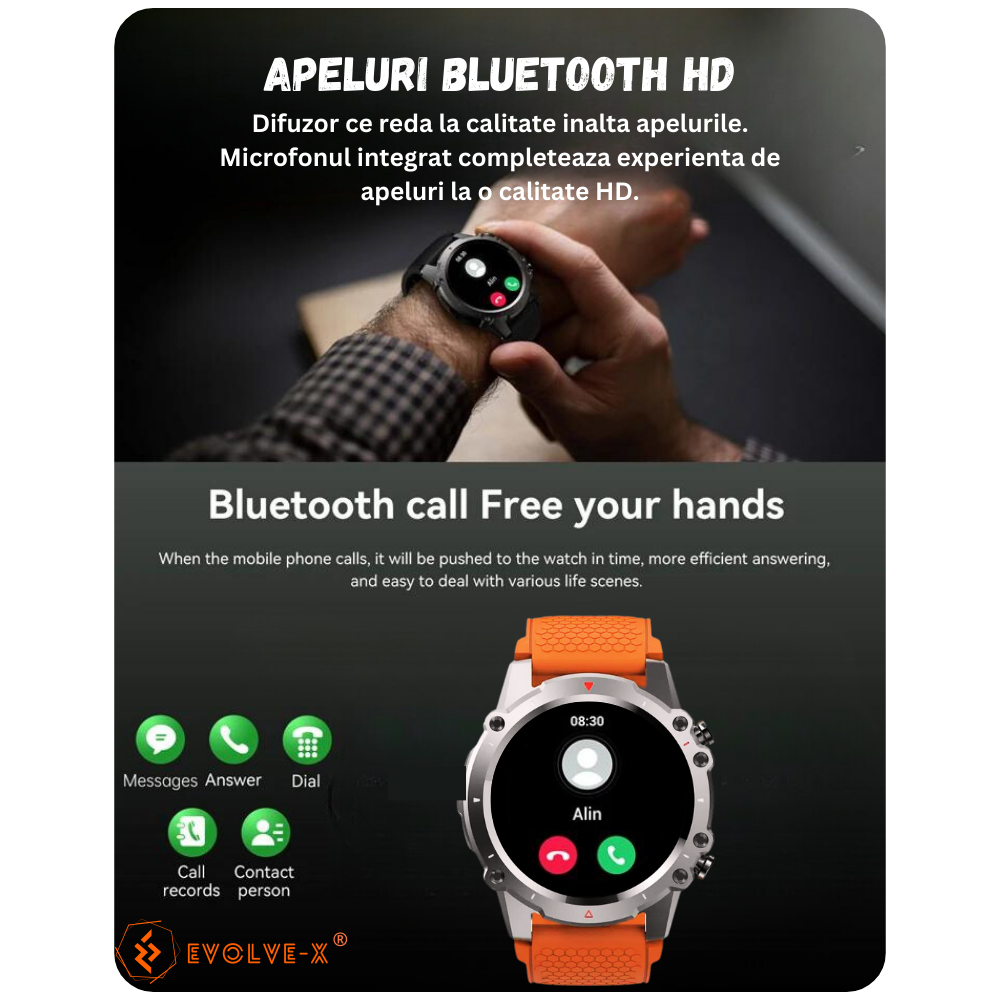 Ceas smartwatch barbati Evolve-x® EvoFitt Sport, ecran IPS 1.45 inch HD, Apeluri bluetooth HD, Notificari, Carcasa din aliaj zinc, Masurare ritm cardiac, tensiune, oxigen, calorii si somn, iOS si Andr [8]