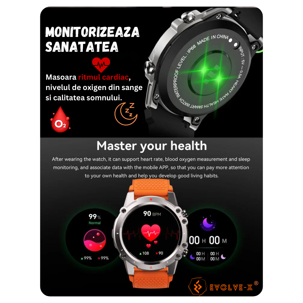 Ceas smartwatch barbati Evolve-x® EvoFitt Sport, ecran IPS 1.45 inch HD, Apeluri bluetooth HD, Notificari, Carcasa din aliaj zinc, Masurare ritm cardiac, tensiune, oxigen, calorii si somn, iOS si Andr [7]