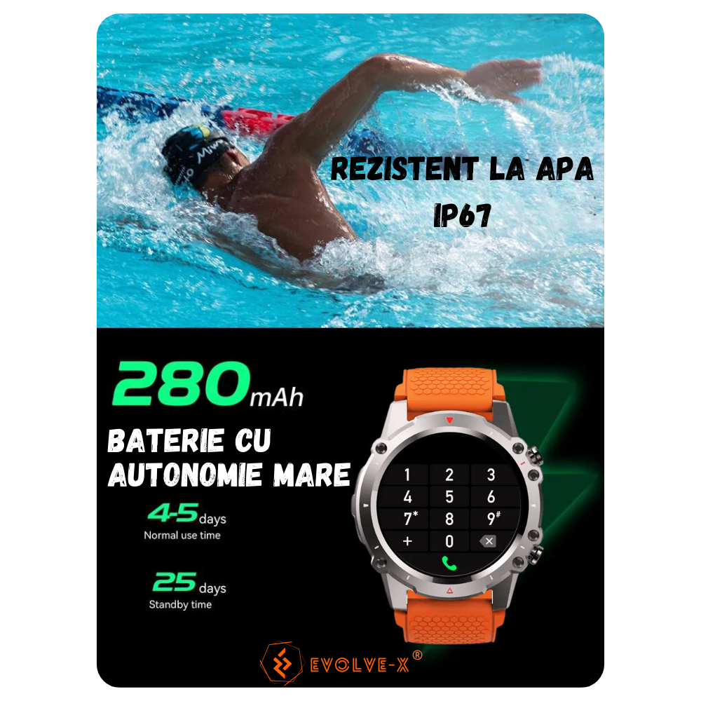 Ceas smartwatch barbati Evolve-x® EvoFitt Sport, ecran IPS 1.45 inch HD, Apeluri bluetooth HD, Notificari, Carcasa din aliaj zinc, Masurare ritm cardiac, tensiune, oxigen, calorii si somn, iOS si Andr [9]