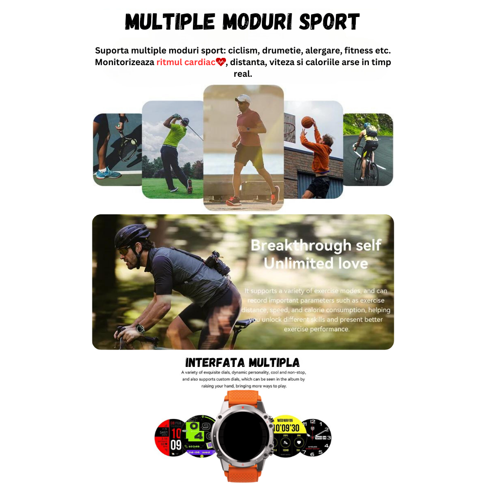 Ceas smartwatch barbati Evolve-x® EvoFitt Sport, ecran IPS 1.45 inch HD, Apeluri bluetooth HD, Notificari, Carcasa din aliaj zinc, Masurare ritm cardiac, tensiune, oxigen, calorii si somn, iOS si Andr [10]