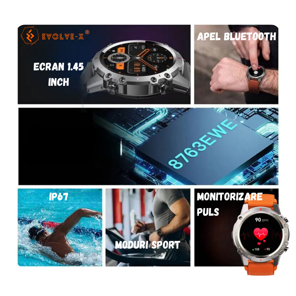 Ceas smartwatch barbati Evolve-x® EvoFitt Sport, ecran IPS 1.45 inch HD, Apeluri bluetooth HD, Notificari, Carcasa din aliaj zinc, Masurare ritm cardiac, tensiune, oxigen, calorii si somn, iOS si Andr [4]