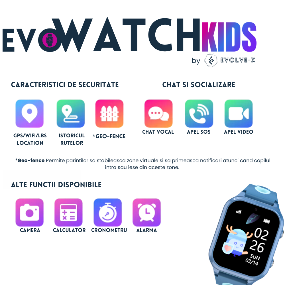 Ceas smartwatch copii Evolve-x® EvoWatch™ KIDS, localizare GPS, SIM 4G, Camera foto, Apel video HD, GeoFence [6]