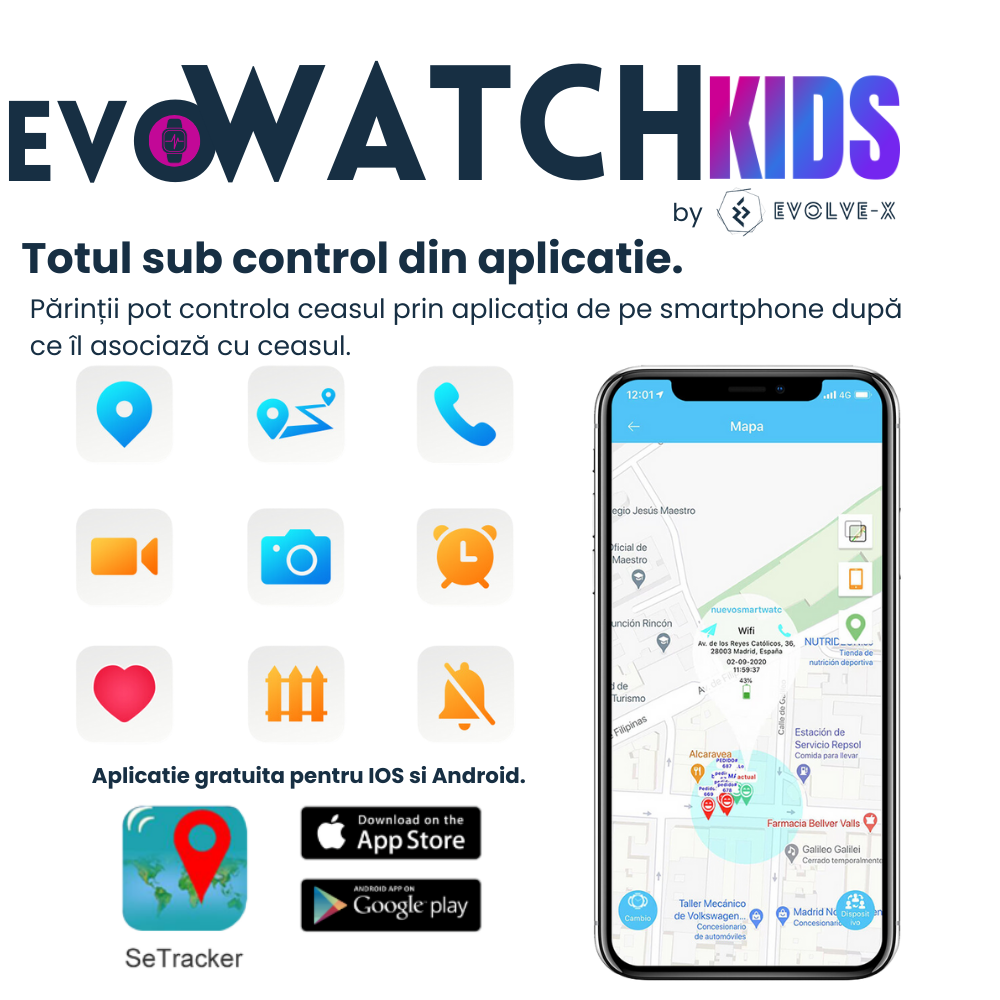 Ceas smartwatch copii Evolve-x® EvoWatch™ KIDS, localizare GPS, SIM 4G, Camera foto, Apel video HD, GeoFence [5]