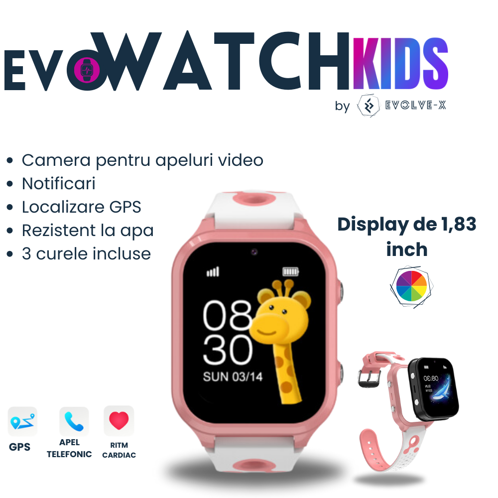 Ceas smartwatch copii Evolve-x® EvoWatch™ KIDS, localizare GPS, SIM 4G, Camera foto, Apel video HD, GeoFence, Roz [3]