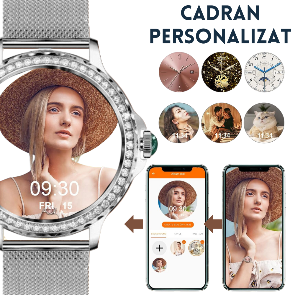 RESIGILAT: Ceas smartwatch dama Evolve-x® EvoWatch 9 cu Apeluri si mesaje bluetooth, Monitorizare sanatate si Asistent vocal, 2 bratari incluse [15]