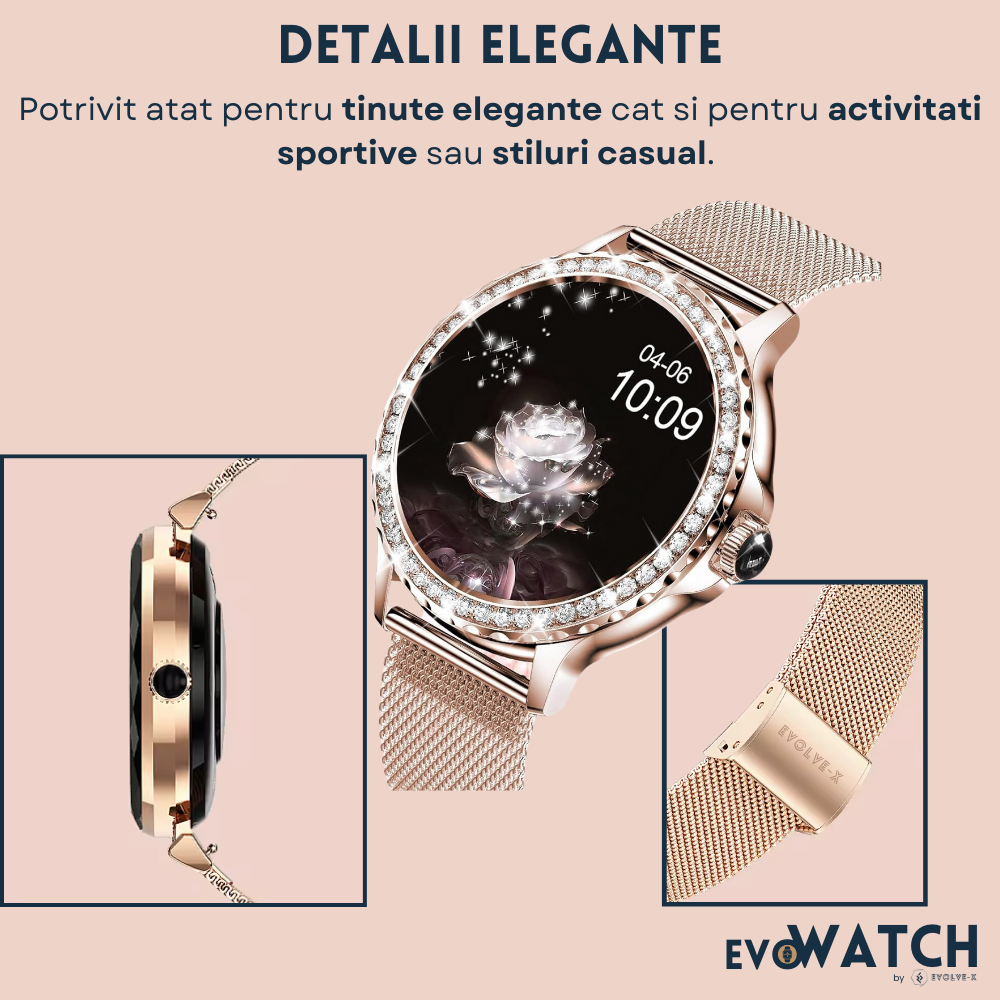 Ceas smartwatch dama Evolve-x® EvoWatch 9 cu Apeluri si mesaje bluetooth, Monitorizare sanatate si Asistent vocal, 2 bratari incluse [4]