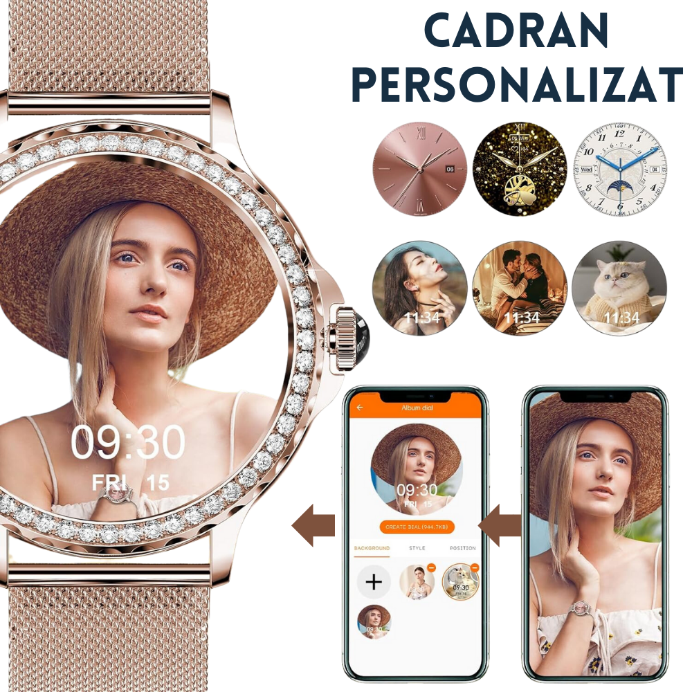 Ceas smartwatch dama Evolve-x® EvoWatch 9 cu Apeluri si mesaje bluetooth, Monitorizare sanatate si Asistent vocal, 2 bratari incluse [10]