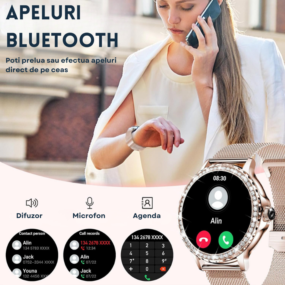 Ceas smartwatch dama Evolve-x® EvoWatch 9 cu Apeluri si mesaje bluetooth, Monitorizare sanatate si Asistent vocal, 2 bratari incluse [5]