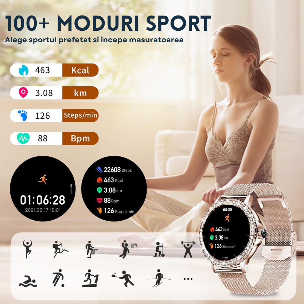 Ceas smartwatch dama Evolve-x® EvoWatch 9 cu Apeluri si mesaje bluetooth, Monitorizare sanatate si Asistent vocal, 2 bratari incluse [9]