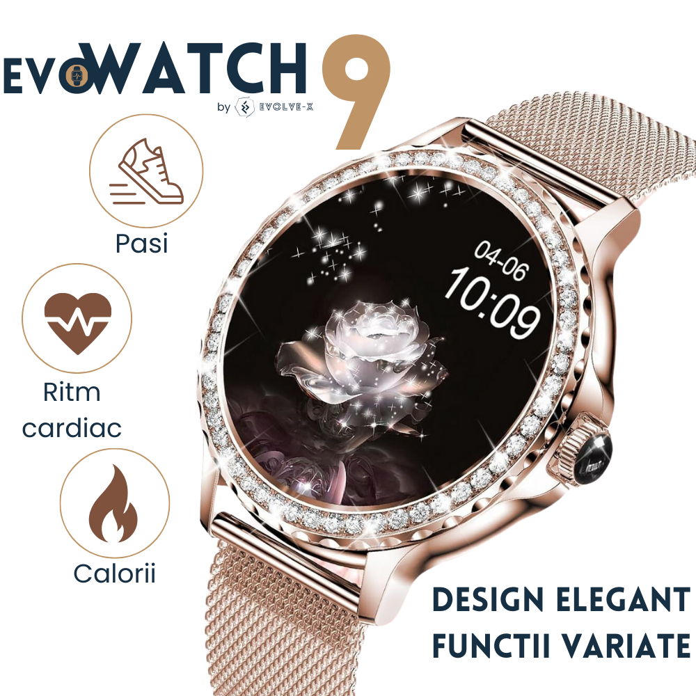 Ceas smartwatch dama Evolve-x® EvoWatch 9 cu Apeluri si mesaje bluetooth, Monitorizare sanatate si Asistent vocal, 2 bratari incluse [3]