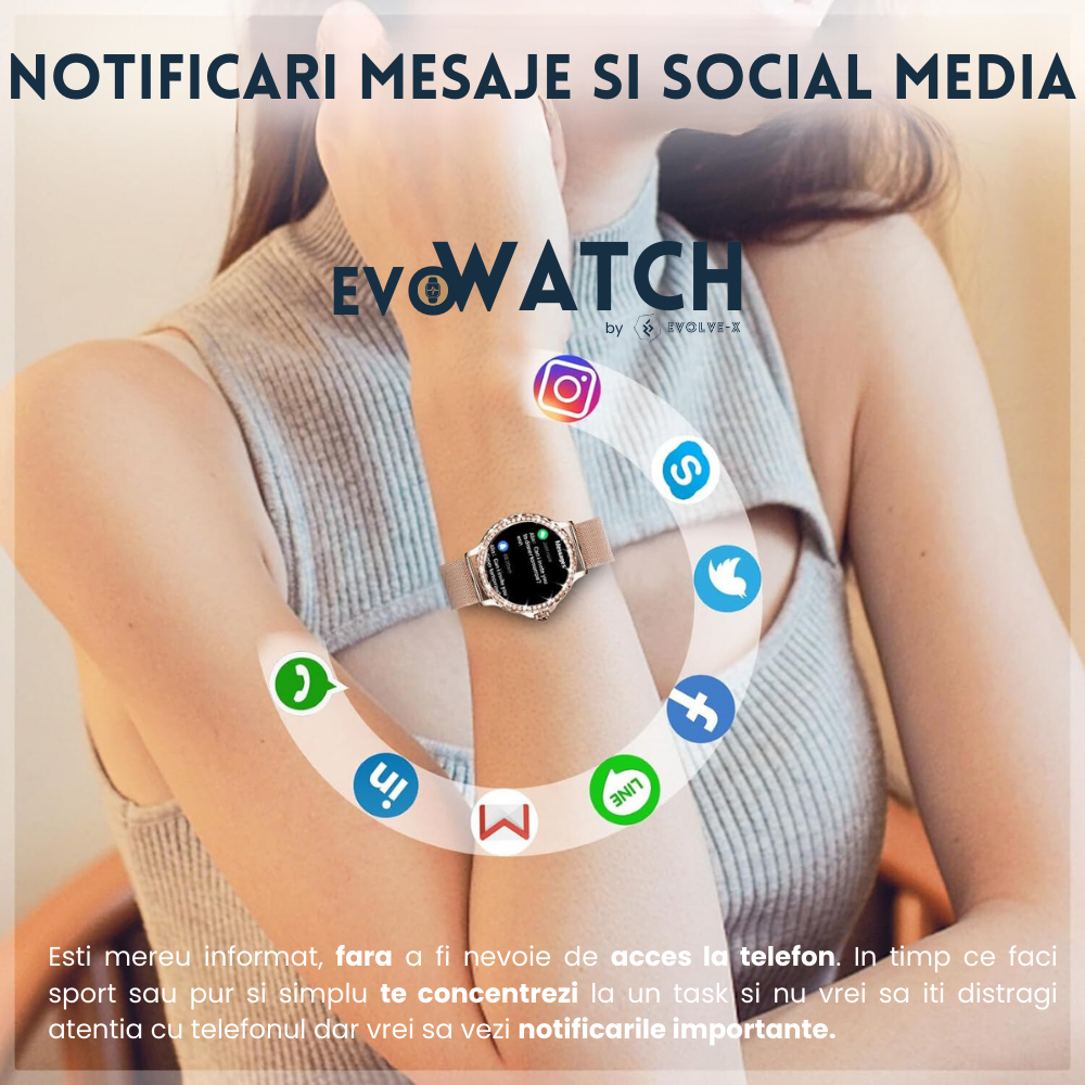 Ceas smartwatch dama Evolve-x® EvoWatch 9 cu Apeluri si mesaje bluetooth, Monitorizare sanatate si Asistent vocal, 2 bratari incluse [6]