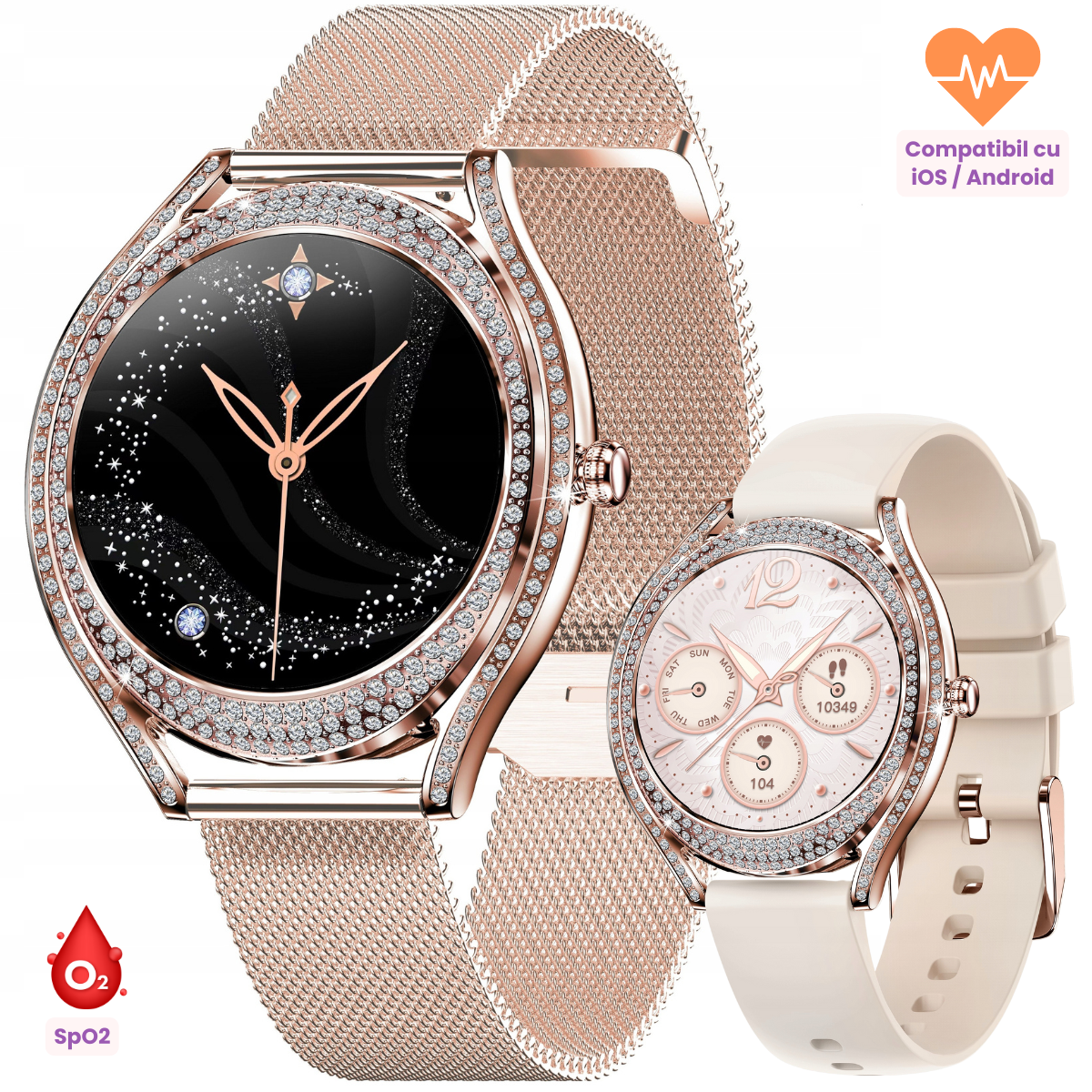 Ceas smartwatch dama Evolve-x® EvoFitt Slim, Apeluri si mesaje bluetooth, Functii fitness, monitorizare Ritm cardiac, Somn, Nivel oxigen si Calorii, Asistent vocal, IP67, compatibil iOS si Android, Br [2]