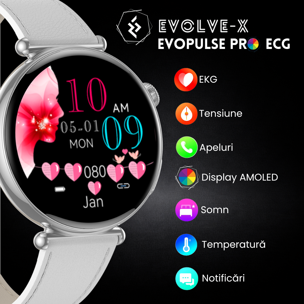 Ceas smartwatch dama Evolve-x® EvoPulse PRO, EKG, Apeluri si mesaje bluetooth, Monitorizare Sanatate [7]