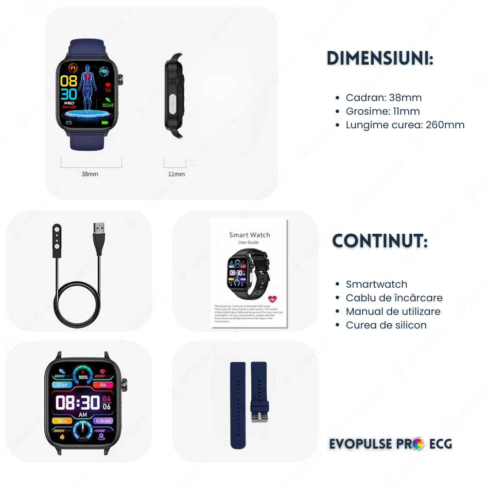 Ceas smartwatch Evolve-x® EvoPulse PRO, EKG, Apeluri si mesaje bluetooth, Monitorizare Sanatate [28]