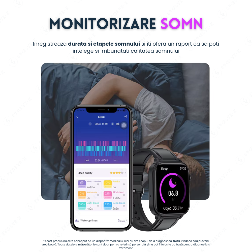 Ceas smartwatch Evolve-x® EvoPulse PRO, EKG, Apeluri si mesaje bluetooth, Monitorizare Sanatate, rose gold, curea crem [21]