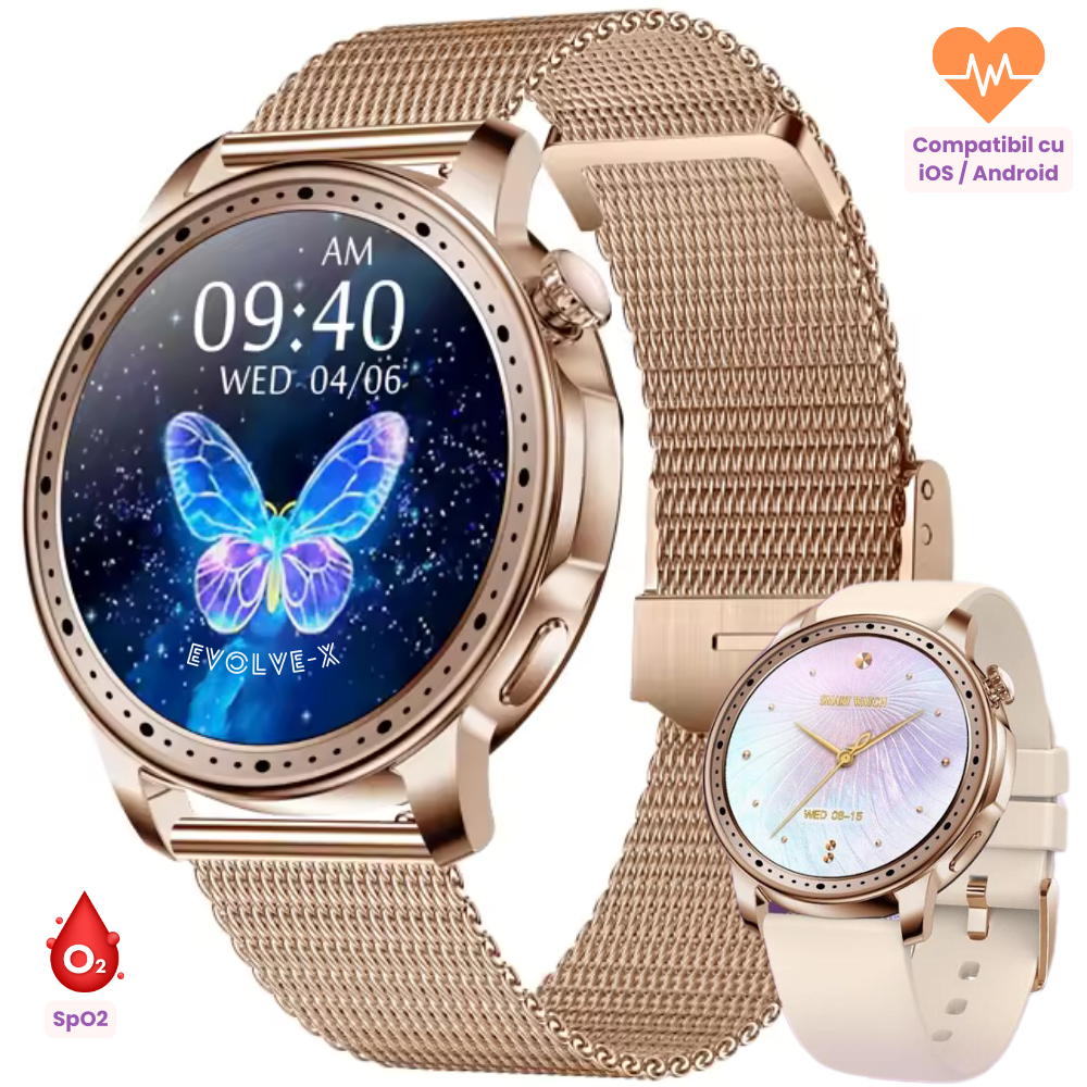 Ceas smartwatch dama Evolve-x® EvoWatch 5, Apeluri si notificari bluetooth, Monitorizare sanatate si Fitness, Auriu [2]