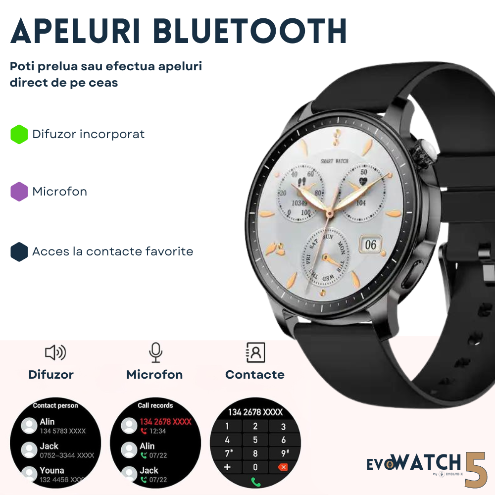 Ceas smartwatch dama Evolve-x® EvoWatch 5, Apeluri si notificari bluetooth, Monitorizare sanatate si Fitness, Negru [6]