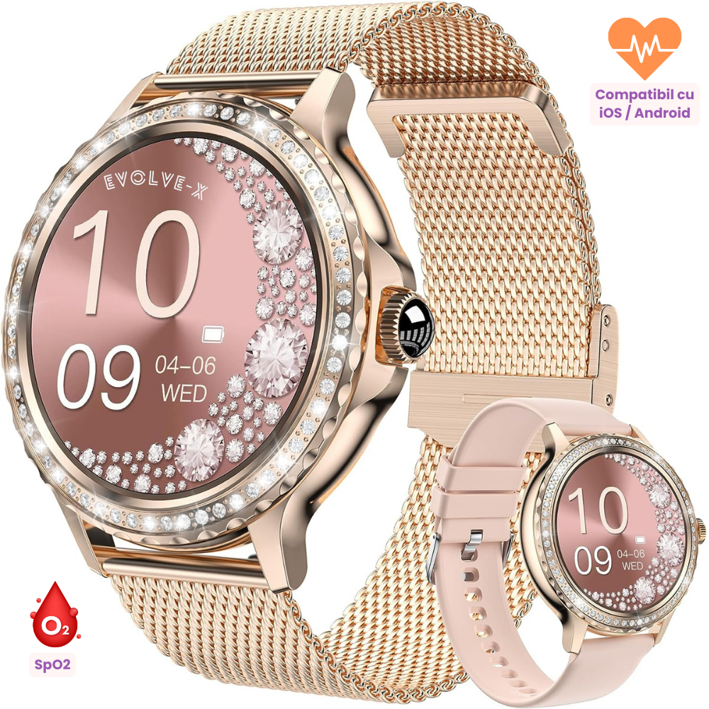Ceas smartwatch dama Evolve-x® EvoWatch 9 cu Apeluri si mesaje bluetooth, Monitorizare sanatate si Asistent vocal, 2 bratari incluse [2]