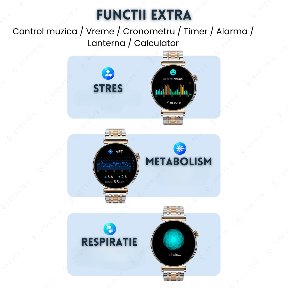 Ceas smartwatch dama Evolve-x® EvoPulse PRO, EKG, Apeluri si mesaje bluetooth, Monitorizare Sanatate [22]