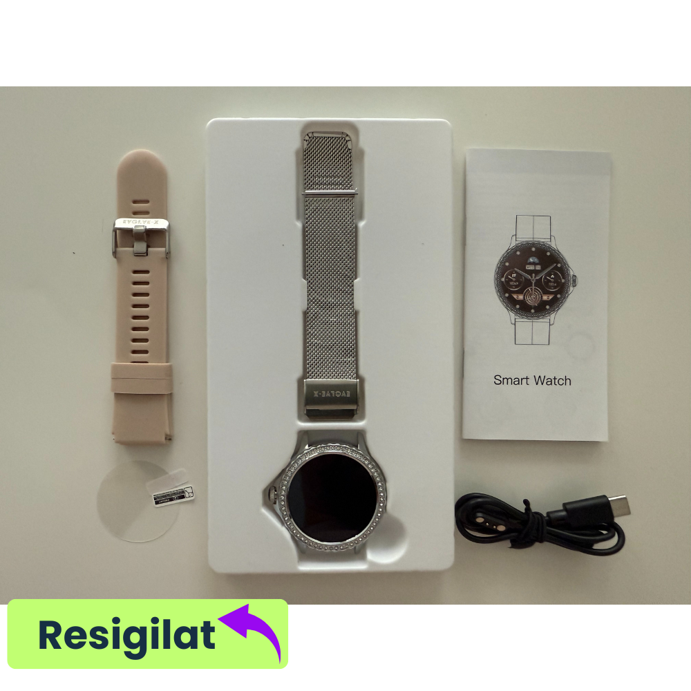 RESIGILAT: Ceas smartwatch dama Evolve-x® EvoWatch 9 cu Apeluri si mesaje bluetooth, Monitorizare sanatate si Asistent vocal, 2 bratari incluse [2]