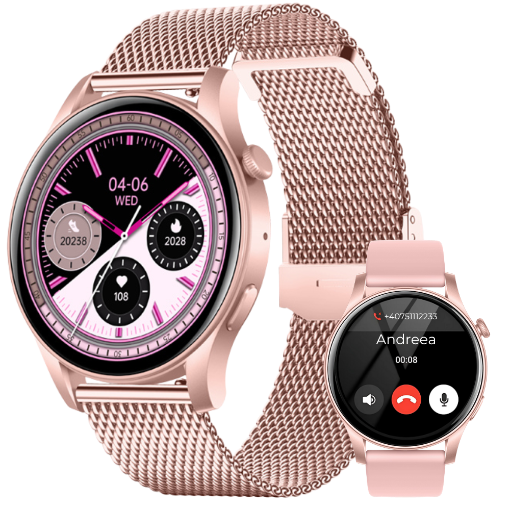 Ceas smartwatch dama Evolve-x® EvoWatch NOVA, Apeluri bluetooth, Microfon, Monitorizare Sanatate, Notificari, Asistent vocal, Ecran AMOLED 1.43 inch HD, compatibil iOS si Android, doua bratari [1]