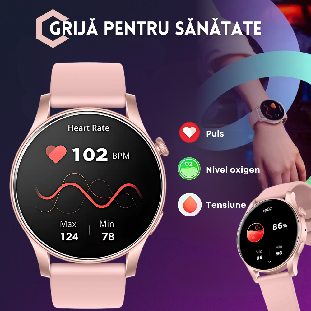 Ceas smartwatch dama Evolve-x® EvoWatch NOVA, Apeluri bluetooth, Microfon, Monitorizare Sanatate, Notificari, Asistent vocal, Ecran AMOLED 1.43 inch HD, compatibil iOS si Android, doua bratari [8]