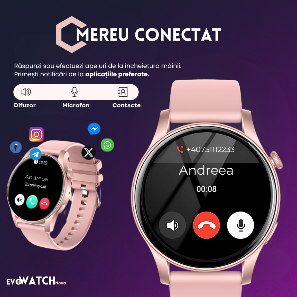 Ceas smartwatch dama Evolve-x® EvoWatch NOVA, Apeluri bluetooth, Microfon, Monitorizare Sanatate, Notificari, Asistent vocal, Ecran AMOLED 1.43 inch HD, compatibil iOS si Android, doua bratari [7]
