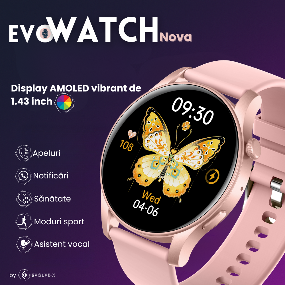 Ceas smartwatch dama Evolve-x® EvoWatch NOVA, Apeluri bluetooth, Microfon, Monitorizare Sanatate, Notificari, Asistent vocal, Ecran AMOLED 1.43 inch HD, compatibil iOS si Android, doua bratari [5]