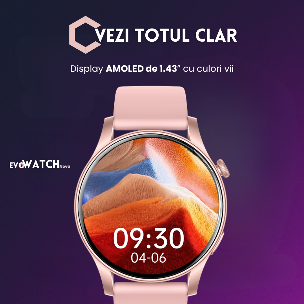 Ceas smartwatch dama Evolve-x® EvoWatch NOVA, Apeluri bluetooth, Microfon, Monitorizare Sanatate, Notificari, Asistent vocal, Ecran AMOLED 1.43 inch HD, compatibil iOS si Android, doua bratari [6]