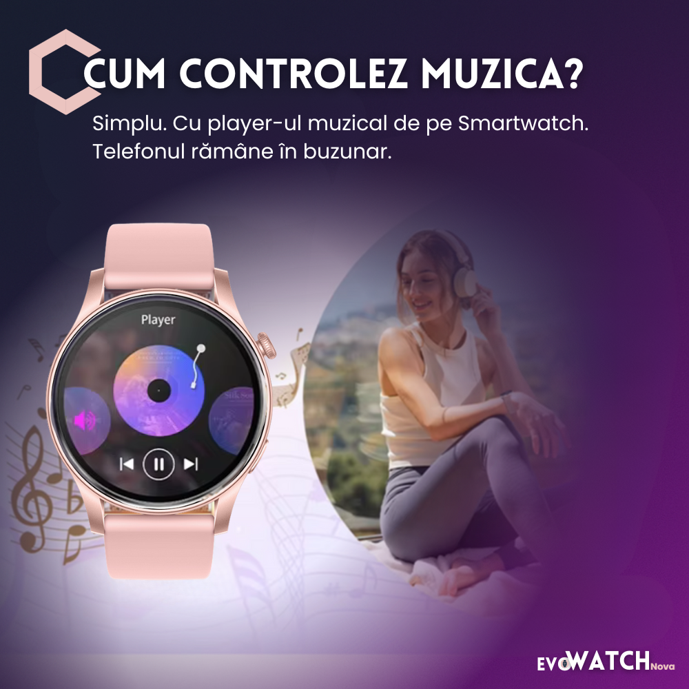 Ceas smartwatch dama Evolve-x® EvoWatch NOVA, Apeluri bluetooth, Microfon, Monitorizare Sanatate, Notificari, Asistent vocal, Ecran AMOLED 1.43 inch HD, compatibil iOS si Android, doua bratari [13]