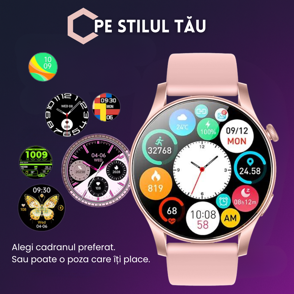 Ceas smartwatch dama Evolve-x® EvoWatch NOVA, Apeluri bluetooth, Microfon, Monitorizare Sanatate, Notificari, Asistent vocal, Ecran AMOLED 1.43 inch HD, compatibil iOS si Android, doua bratari [10]