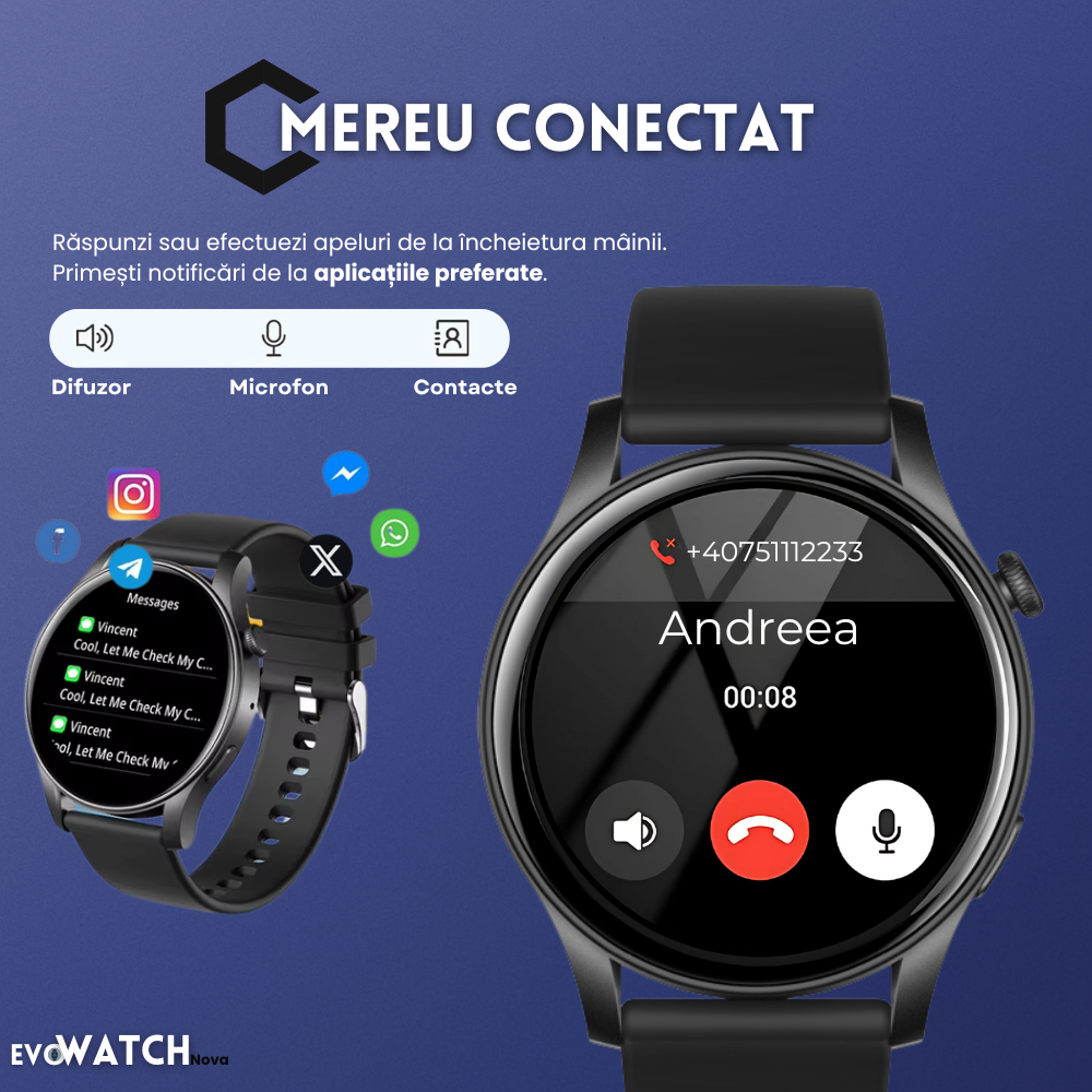 Ceas smartwatch dama Evolve-x® EvoWatch NOVA, Apeluri bluetooth, Microfon, Monitorizare Sanatate, Notificari, Asistent vocal, Ecran AMOLED 1.43 inch HD, compatibil iOS si Android, doua bratari [8]