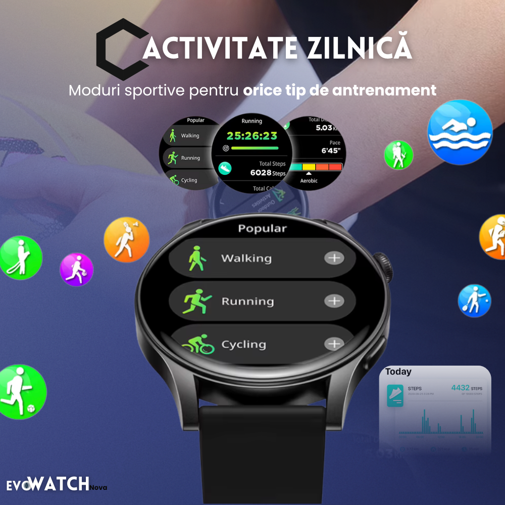 Ceas smartwatch dama Evolve-x® EvoWatch NOVA, Apeluri bluetooth, Microfon, Monitorizare Sanatate, Notificari, Asistent vocal, Ecran AMOLED 1.43 inch HD, compatibil iOS si Android, doua bratari [10]