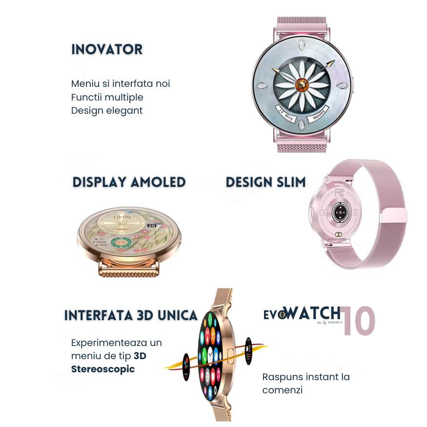 Ceas smartwatch dama Evolve-x® EvoWatch10 PRO, Apeluri si Notificari bluetooth, Monitorizare Sanatate [8]