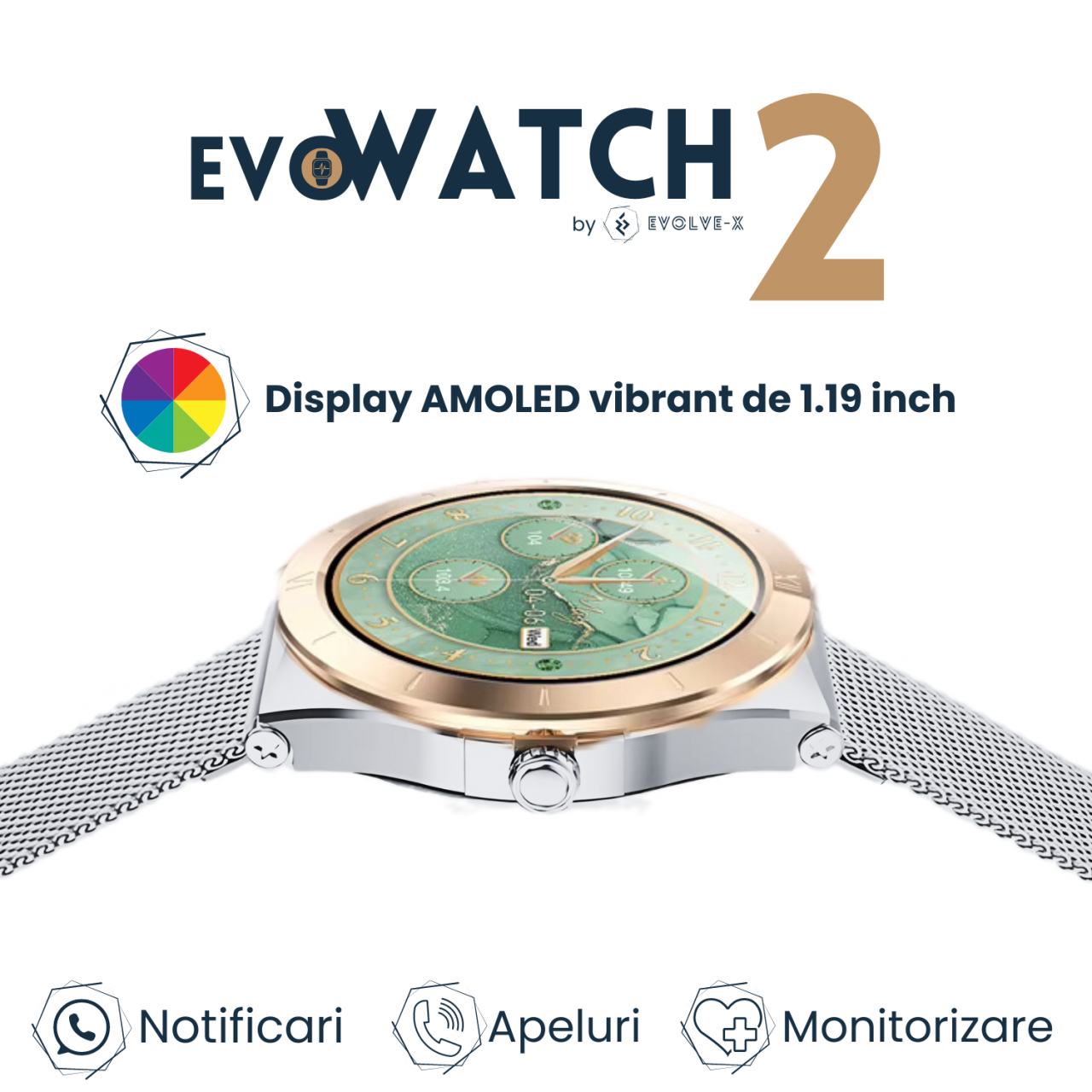 Ceas smartwatch dama Evolve-x® EvoWatch2, cu Apeluri si mesaje bluetooth, Monitorizare sanatate si moduri sport, argintiu [3]