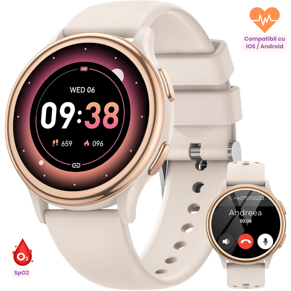 Ceas smartwatch dama Evolve-x® EvoWatch3, Apeluri si Notificari bluetooth, Monitorizare sanatate si Functii fitness [2]