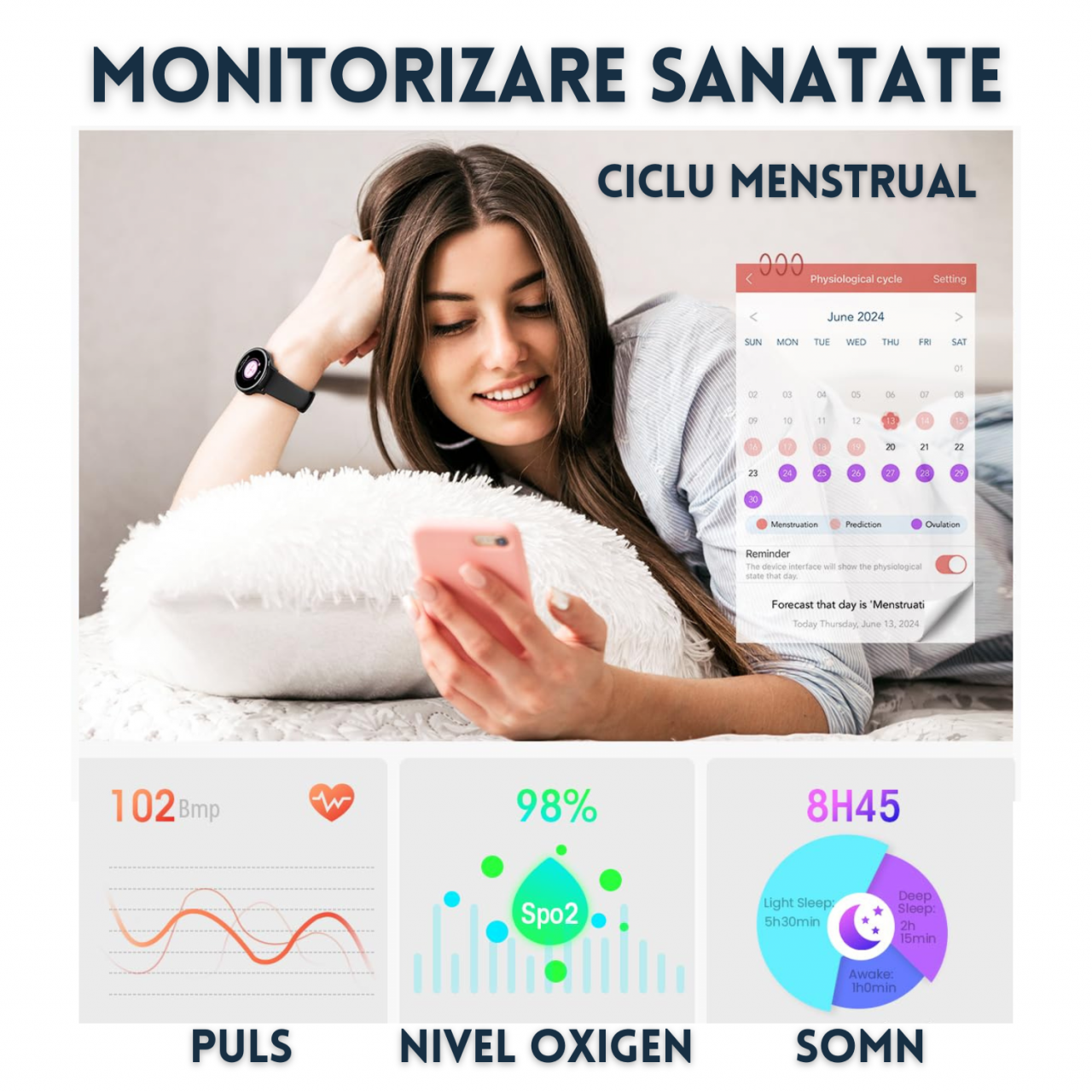Ceas smartwatch dama Evolve-x® EvoWatch3, Apeluri si Notificari bluetooth, Monitorizare sanatate si Functii fitness [6]