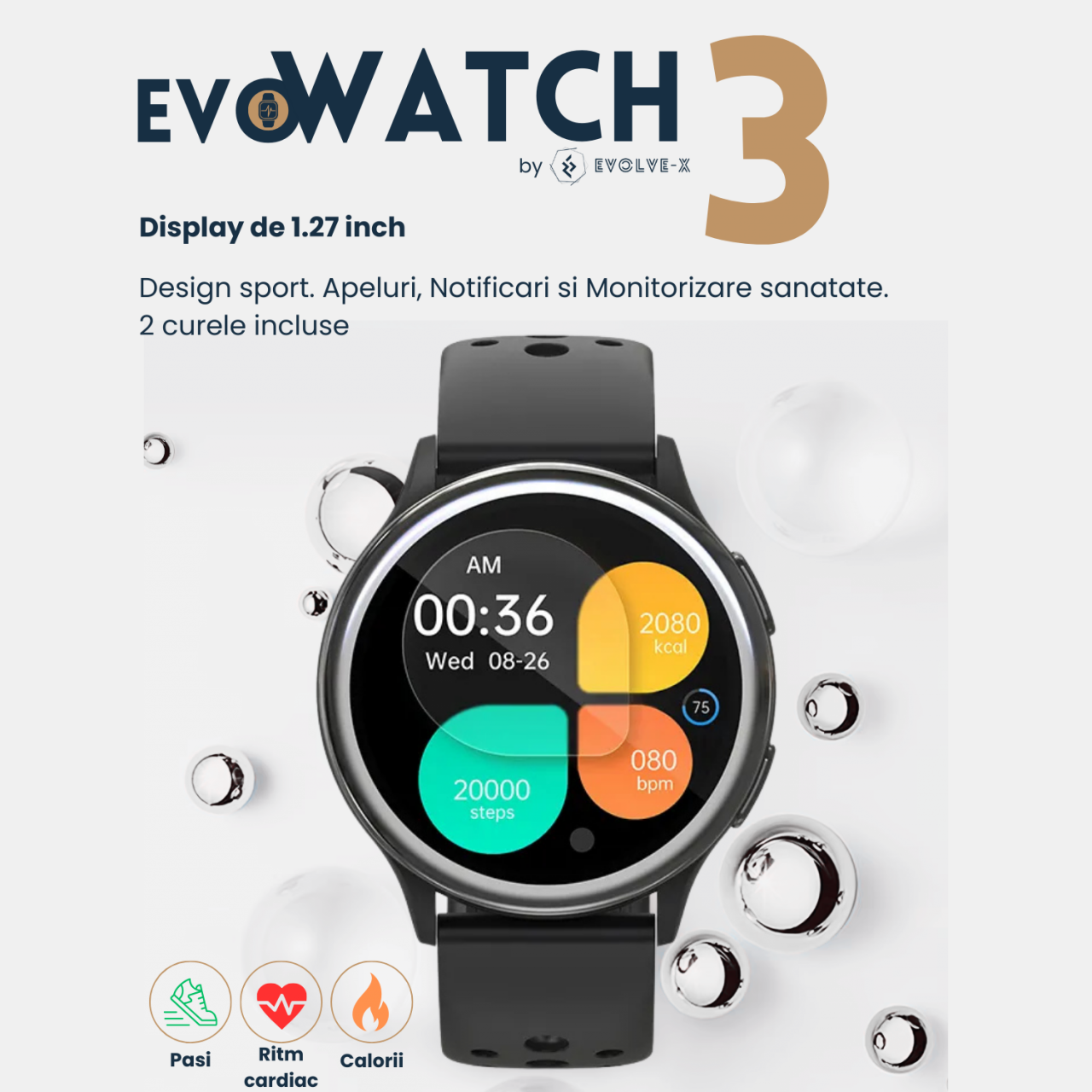 Ceas smartwatch dama Evolve-x® EvoWatch3, Apeluri si Notificari bluetooth, Monitorizare sanatate si Functii fitness [4]